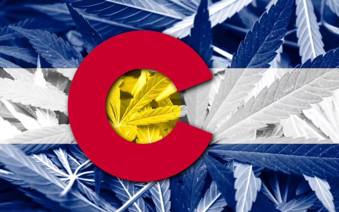 Colorado State Flag on cannabis background. Drug policy. Legalization of marijuana