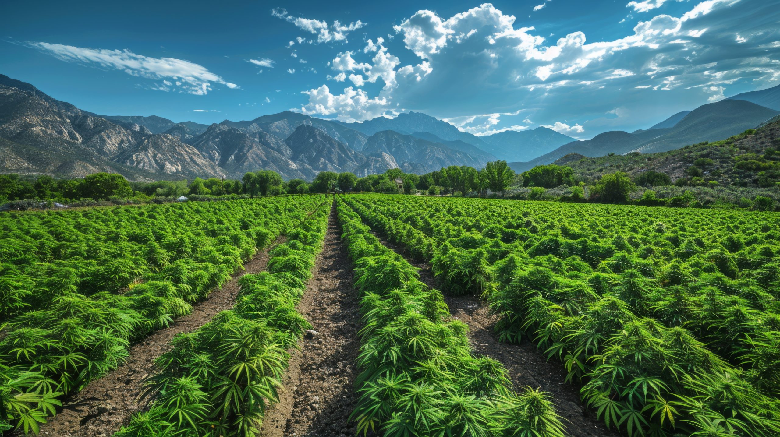A wide-angle view reveals the vast expanse of a cannabis plantation nestled in the mountains, highlighting the ideal conditions for outdoor cultivation